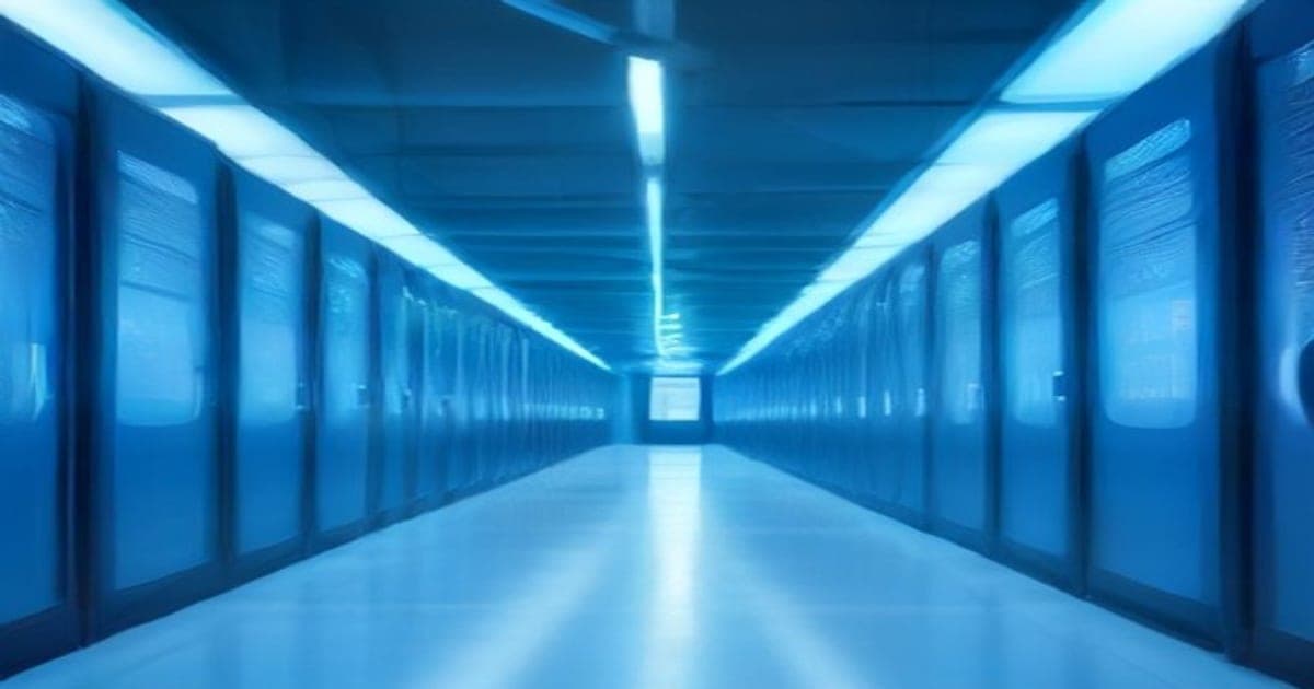 A modern data center server room illuminated with sleek blue LED lighting along structured server racks.