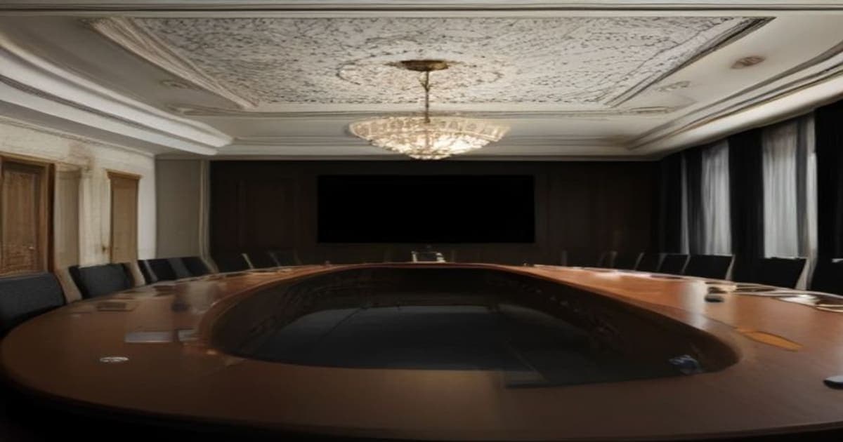 Diplomats and military leaders gathered around a high-level strategic conference table discussing defense intelligence.
