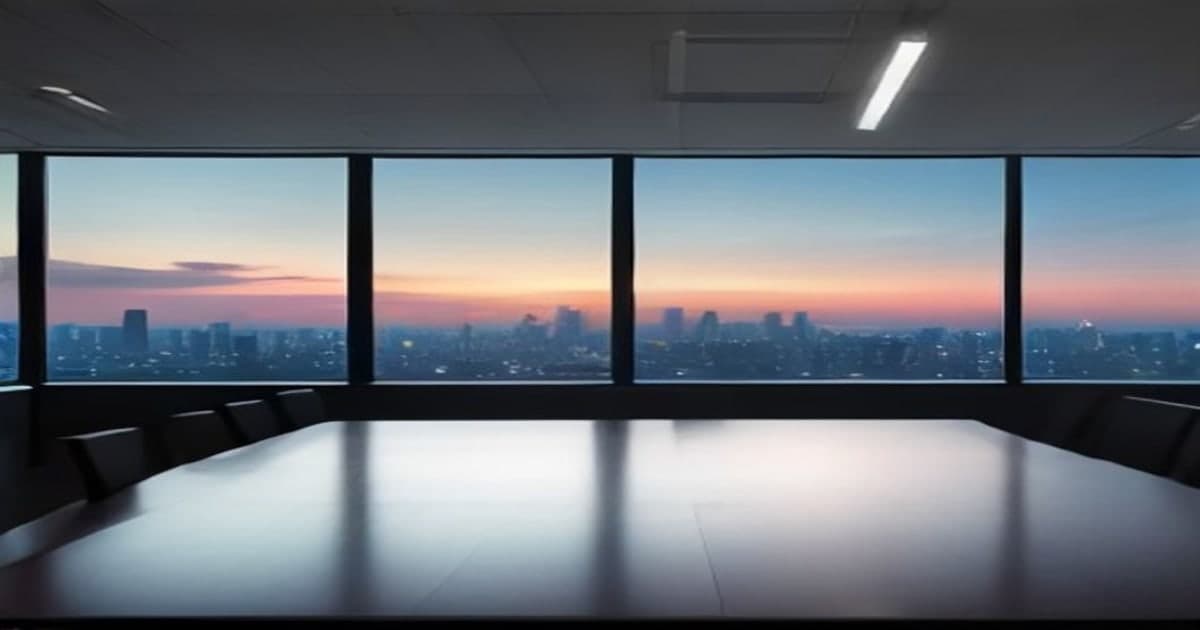 A modern glass conference room in a government building with legal documents and digital policy summaries on displays.