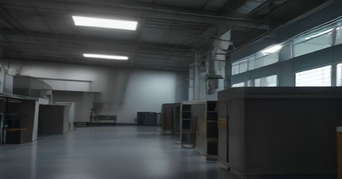 A modern industrial manufacturing facility featuring automated robotic arms and collaborative robots operating under bright overhead lights.