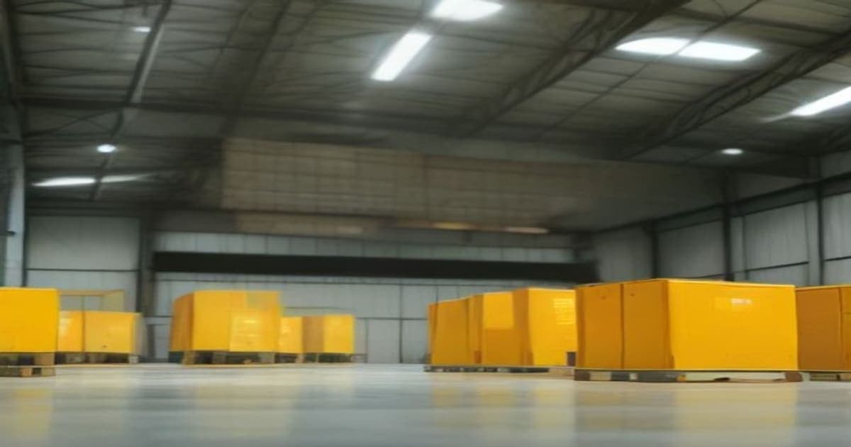 A high-tech fulfillment center with automated robotic sorting units and warehouse workers preparing parcels under bright warehouse lighting.